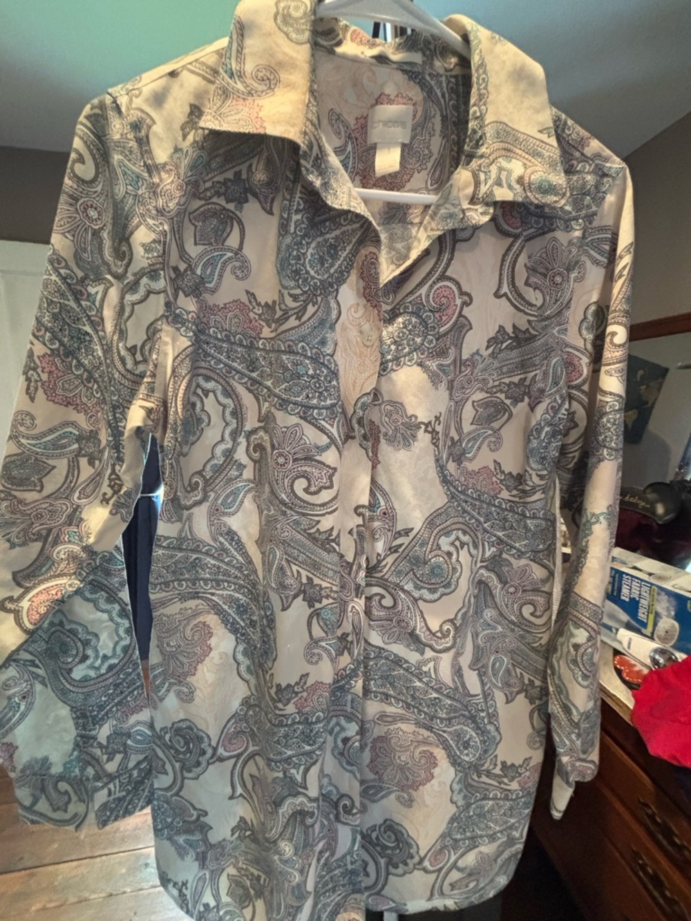 Chico's Paisley Button-Front Blouse in Cream, Gray, Blue